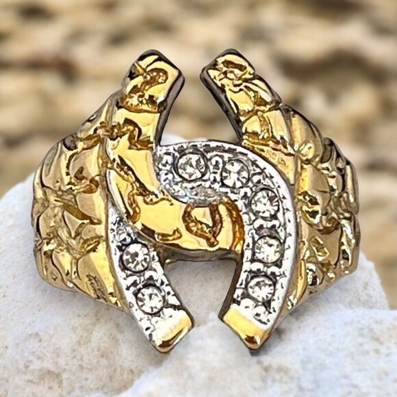 Vintage Ring Size 11 Horseshoe Equestrian Nugget 14KT Gold Plate Lucky Derby 14P